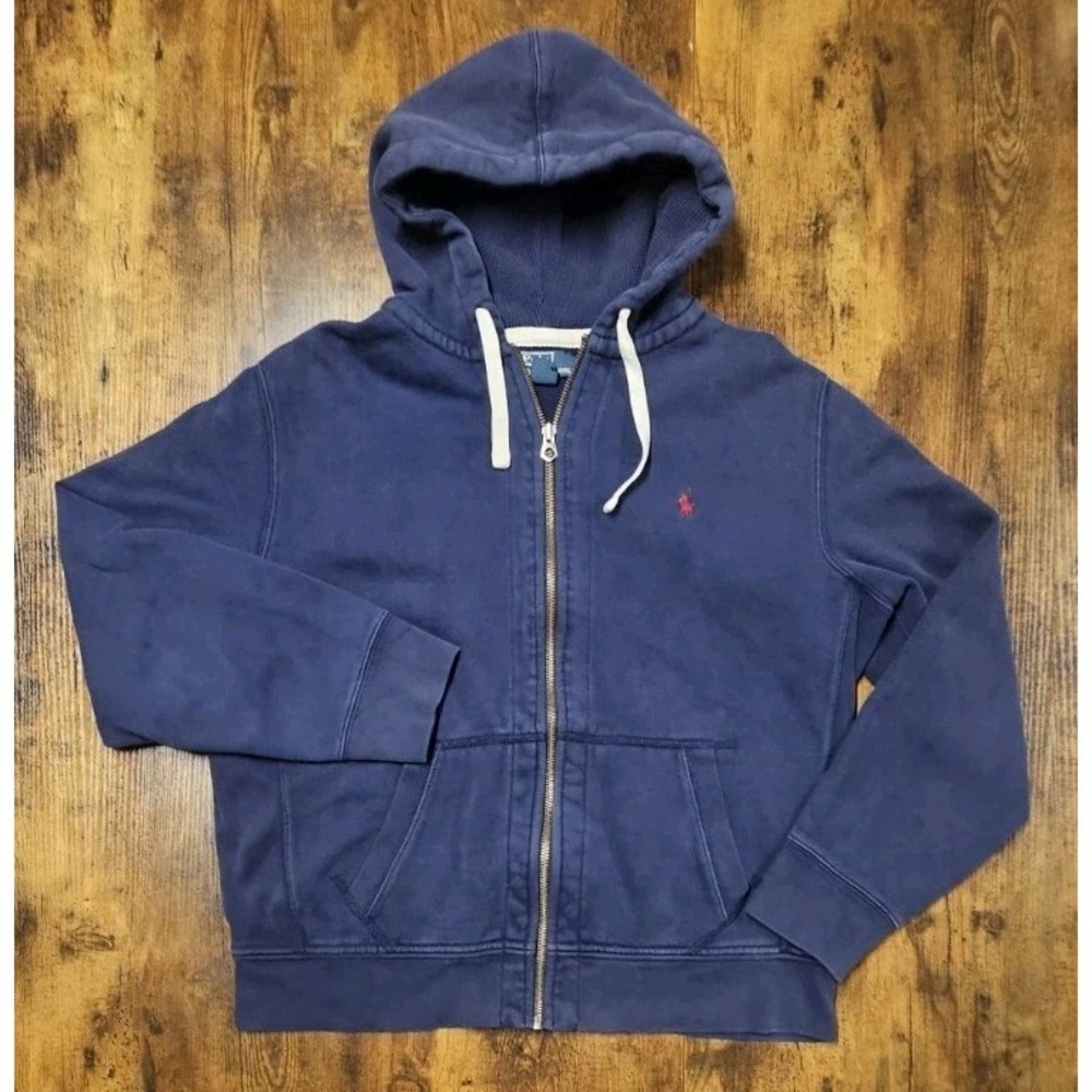 VTG Polo Ralph Lauren Full Zip Hoodie XL Blue Red Pony Rugby Weave‎ Men Fleece